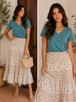 Women’s Size S Floral Skirt & Teal V-Neck Top Set 🌸
