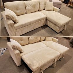 Beige corduroy sectional pull out sofa bed sleeper sofa Right hand facing chaise