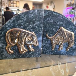 Bear & Bull Vintage Brass Marble Stock Market Bookends Wall Street Paperweights