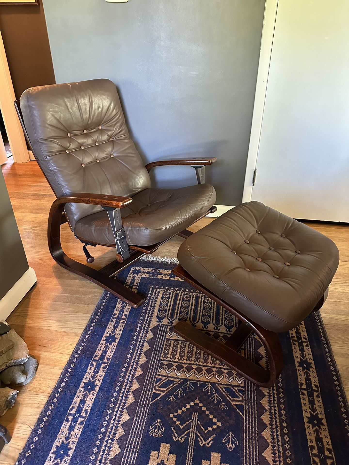 Mid Century Westnofa Bentwood and Leather Recliner and Ottoman 