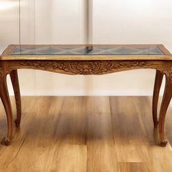 ⭕️ Vintage French Provincial Oak Console Table With Beveled Glass Top