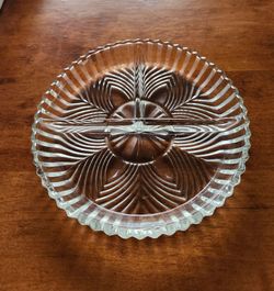 Vintage Indiana Glass Clear 3-Part Relish Dish Ribbed Fan Pattern