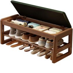 Shoe Rack Bench with Leather Cushion,2 Tiers Shoe Bench with Flip-Top Storage,Wood Shoe Rackh for Entryway,Hallway（Green,31.5"）