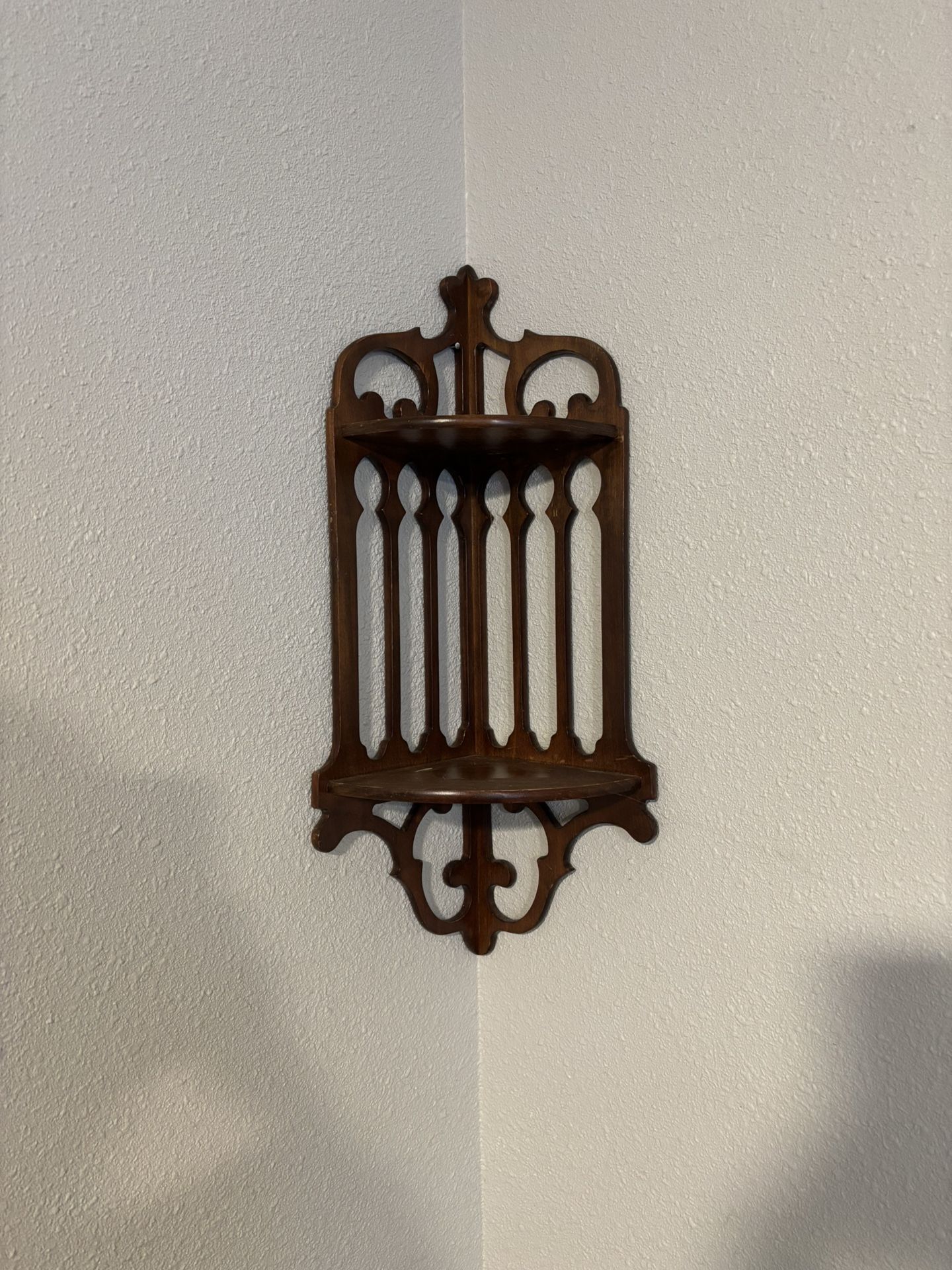 Vintage Victorian Carved Ornate Cherry Wood 2-Tier Corner Wall Shelf