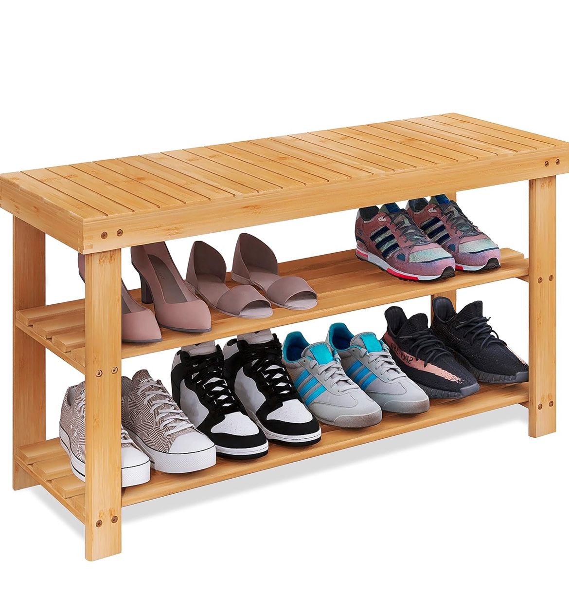 Bamboo Shoe Rack Bench, 3-Tier Shoe Organizer Storage Shelf for Entryway Hallway Bathroom Living Room (Natural)