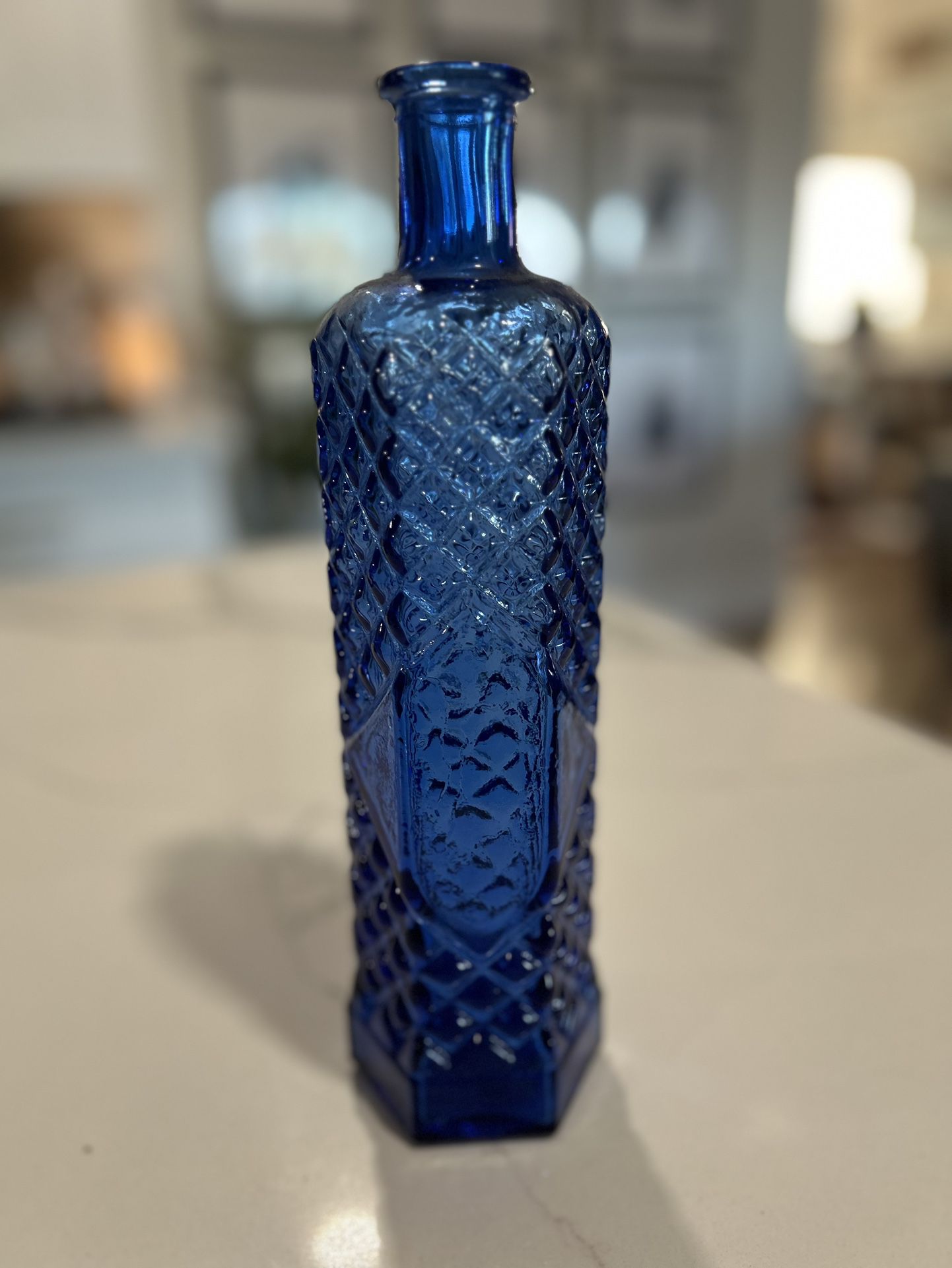 SERPIS ALCOY Cobalt Blue Glass Antique / Vintage Collectible Bottle Spanish Destillrias 6 Sides Diamond Design Blue Glass Vase Made in Spain