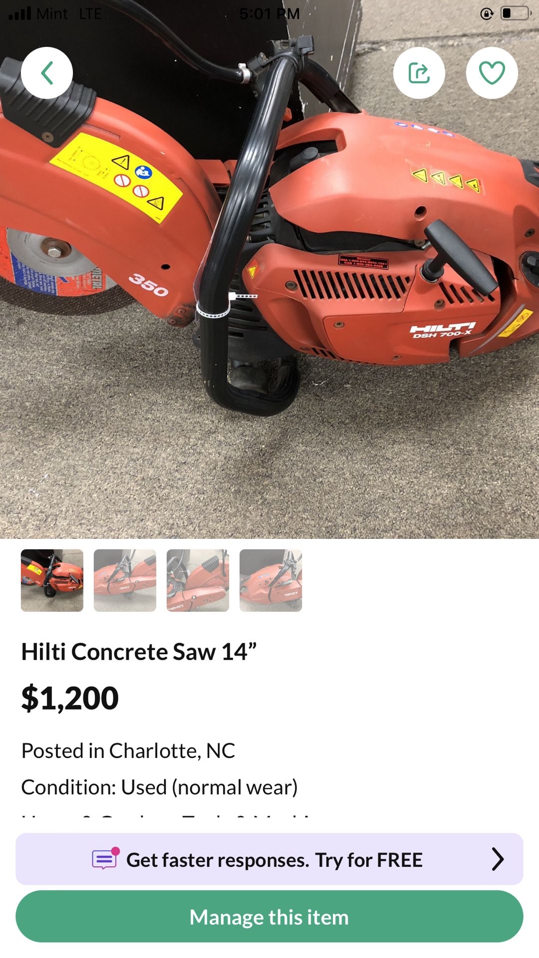 HILTI CONCRETE SAW 14” $800 Today ONLY