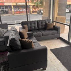 Black Imitation Leather Sofa+ Love Seat New / Juego De Sala Color Negro Nuevo 