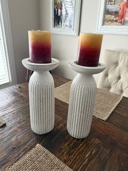 Pair Of White Wooden Candle Holders 