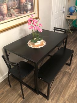 Black dining table set with 2 chairs and a Bench