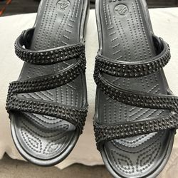 Crocs Sparkle Black Wedge Sandals women’s size 10 