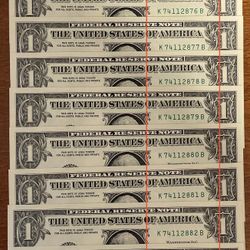 $1 Bills (9) In Sequential Order Uncirculated Rare US Currency