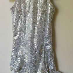 Girls Boys Shiny Sequins Mini Dress Hip-hop Jazz Latin Performance Costumes Street Dance Wear - Silver 8-10

