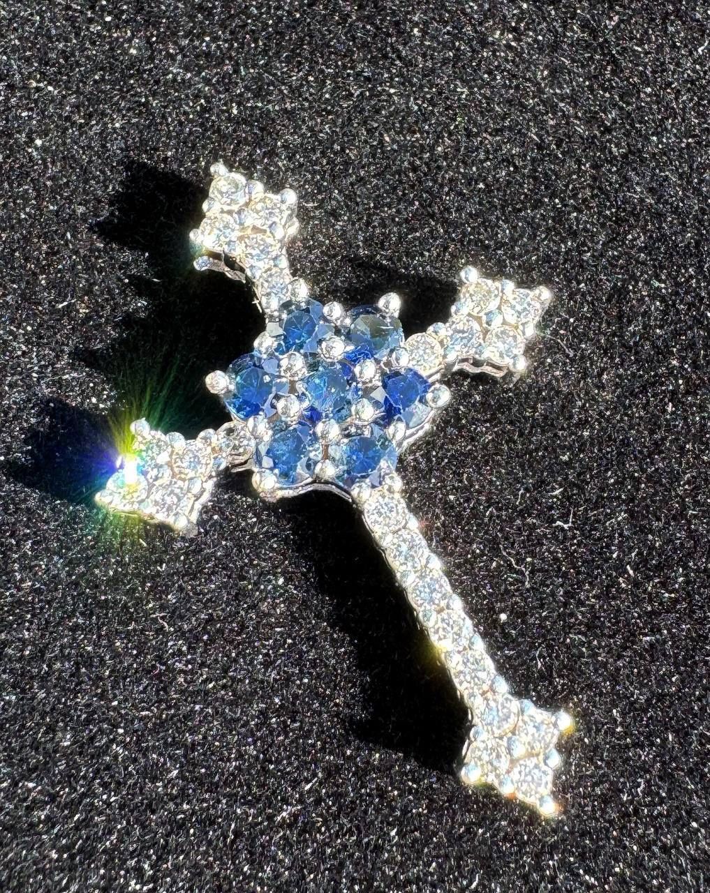 14k solid white gold 0.85CTW diamond tanzanite cross pendant charm