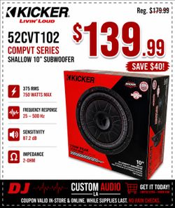 Kicker CompVT CVT10 Shallow 10 Inch Subwoofer 750 Watts 52CVT102 🚨 Payment Options Available 🚨 No Credit Needed 🚨