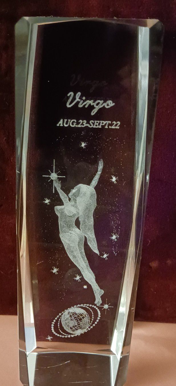 Virgo Astrological Crystal Glass 3D Laser Etched Paperweight 6 inches tall