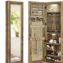 New SRIWATANA Jewelry Armoire Cabinet, Solid Wood Jewelry Organizer with Full Length Mirror Wall