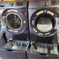 Samsung Front Loading Washer And Stackable Gas Dryer Set With Pedestals 