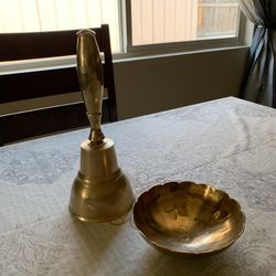 Collectible Vintage Metal Large Brass Dinner Bell  & Vintage Etched Candy Brass Bowl.