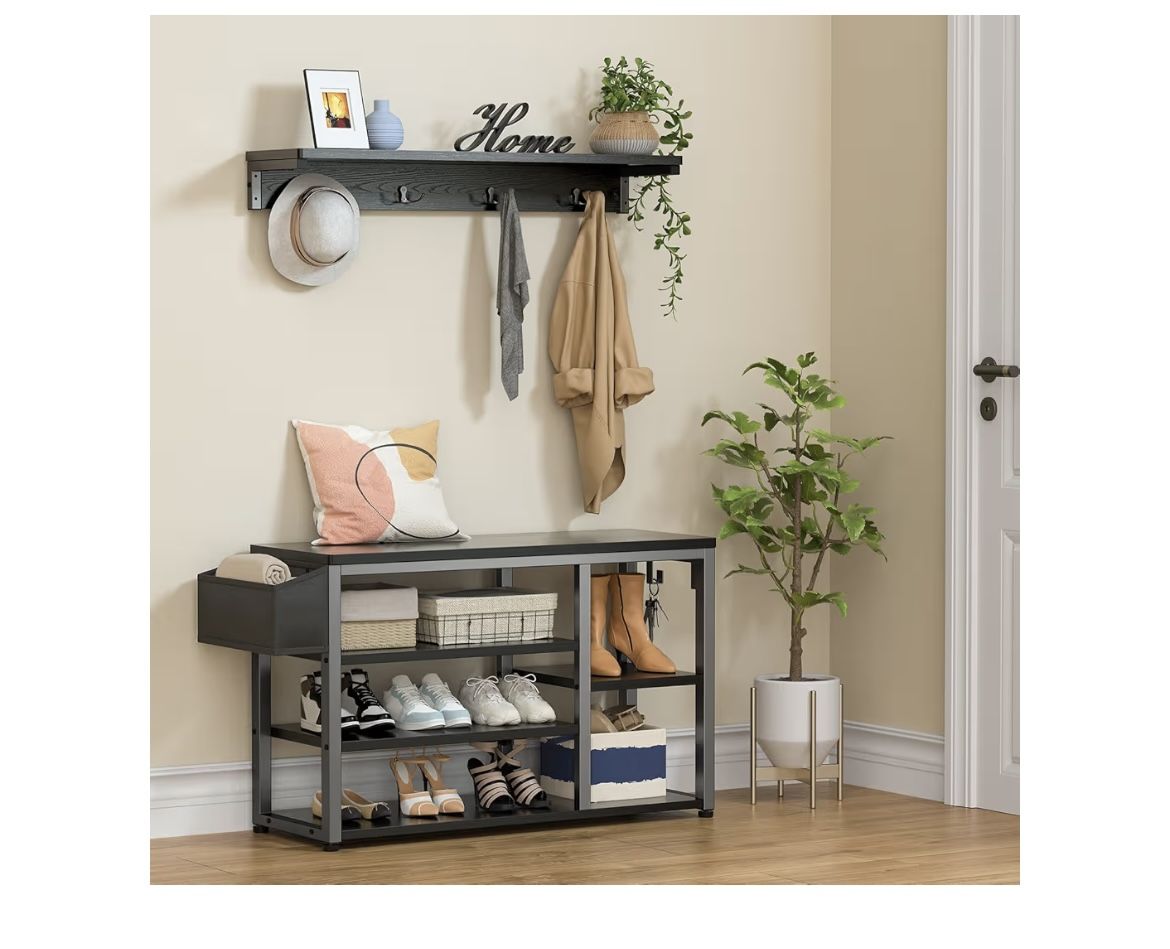 Banco para Zapatos + Perchero + Estantería | Color Negro | Industrial