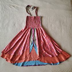 Vintage Silk Dress With a Handkerchief Hem Pink & Orange M/L