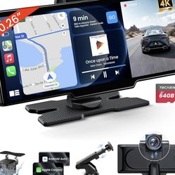 Wireless Carplay Screen for Car with 4K Dash Cam & 1080P Backup Camera, Portable Car Audio Receivers with Carplay & Android Auto, GPS Navigation, Airp