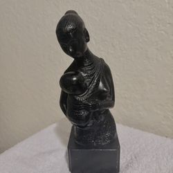 Antique Mother and Child Statue, Cast Iron on Wood