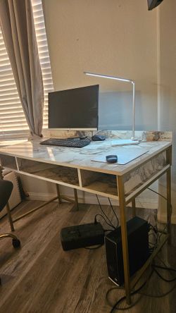 Modern Desk & Office Chair Set – Marble Look Top – Moving Sale
