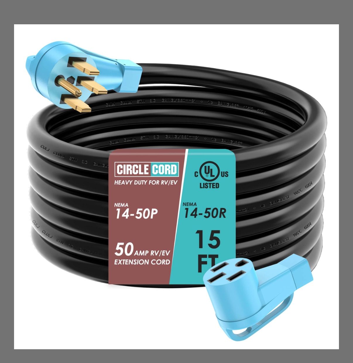 CircleCord UL Listed 50 Amp 15 Feet RV/EV Extension Cord, Heavy Duty 6/3+8/1 Gauge