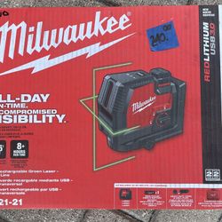 Milwaukee USB Green Rechargeable Cross Line Laser Level with Charger (NEW) (3521-21)