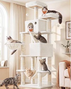 Cat Tree, 81.1-in Large Cat Tower, Multi-Level Condo, Cream White with 13 Sisal Scratching Posts, 2 Perches, 2 Cave, Hammock, Basket, Pompoms for Indo