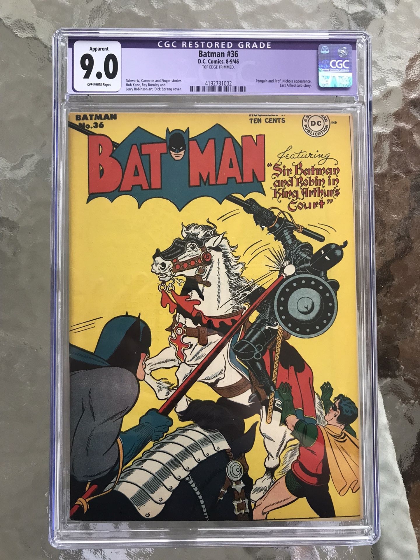 Batman #36 (1946) CGC 9.0 — Penguin app.; Last Alfred Solo Story; Restored