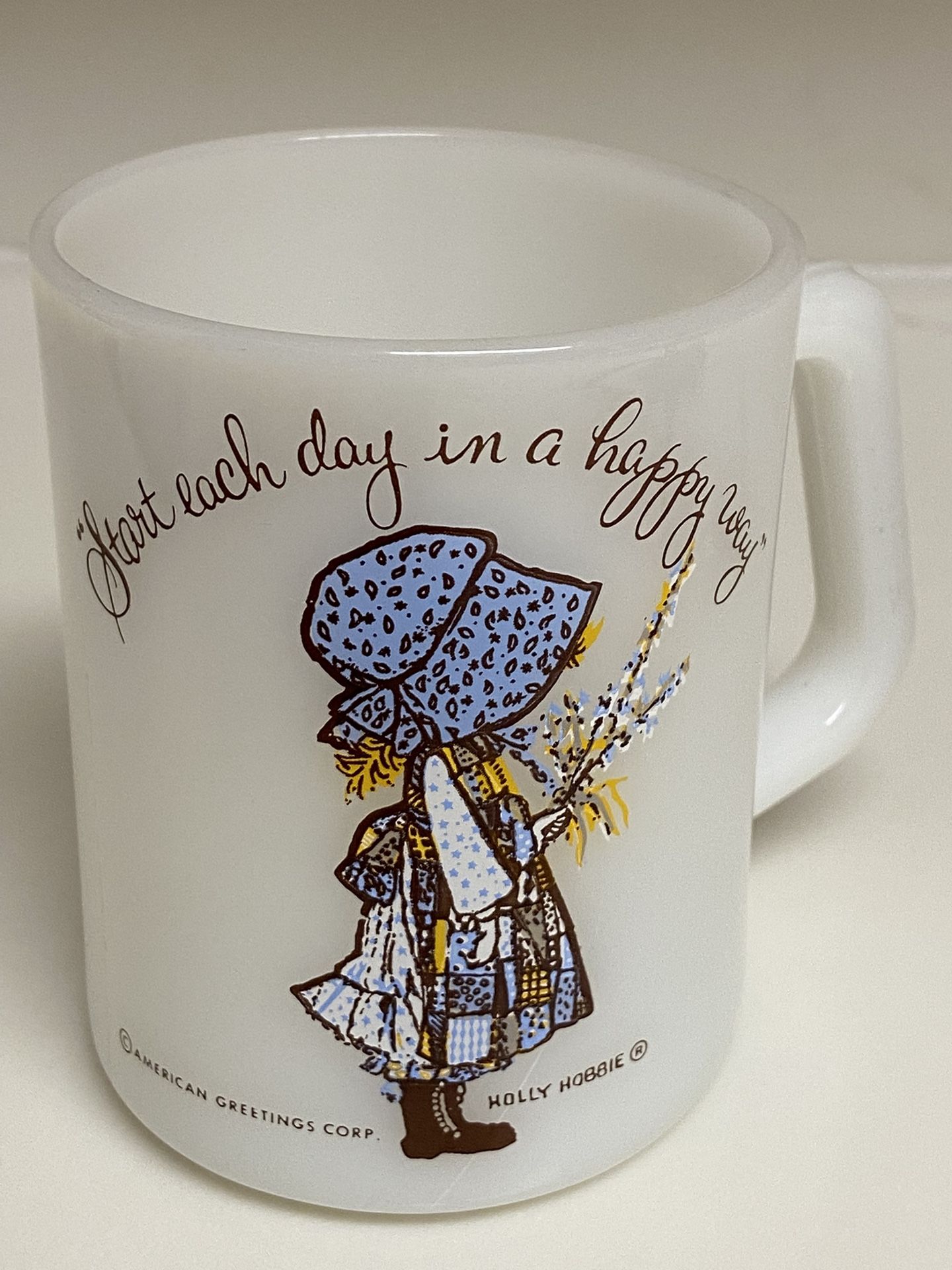 Federal Milk Glass Holly Hobbie Mug Start Each Day in a Happy Way  USA