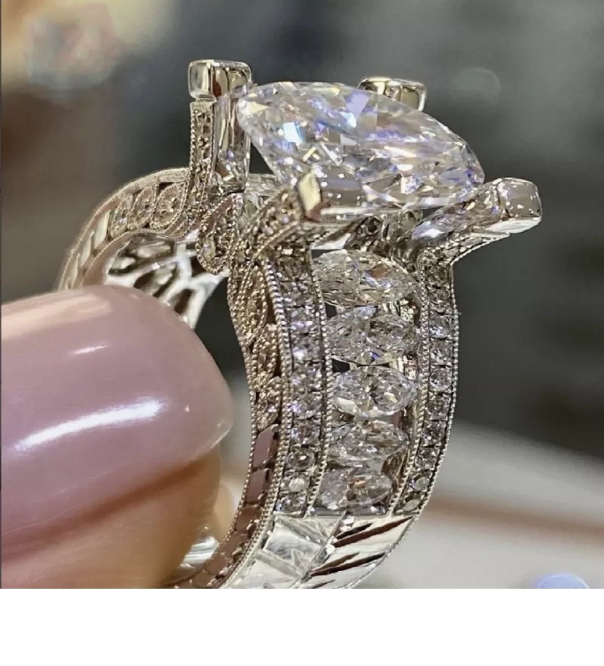 New 925 Silver Round & Marquis Diamond Ring