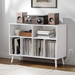 Record Player Stand with Vinyl Storage Cabinet, Wood Turntable Table Open Shelf Holder Up to 350 Albums Cube Storage Organizer for Living Room, Office