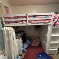 Twin size loft bed with storage drawers, wardrobe shelf & desk
