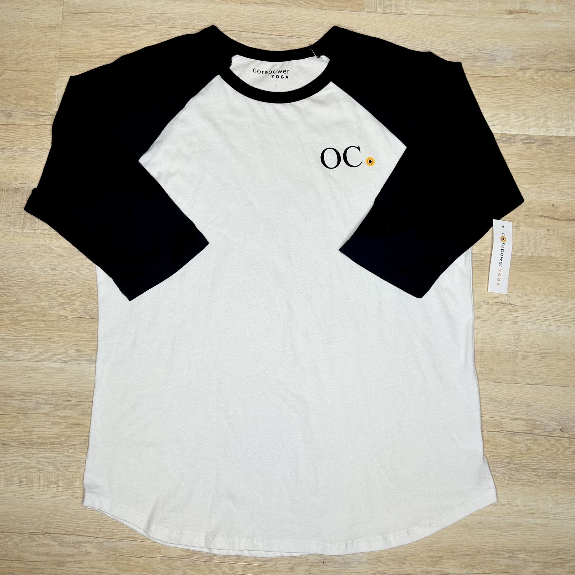 CorePower Yoga Baseball Raglan T-Shirt Men’s Black and White 3/4 Sleeve