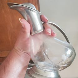 Vintage Wine Decanter Pitcher, Glass & Pewter Italy