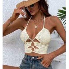 Lace-up Front Backless Textured Crop Halter Top 