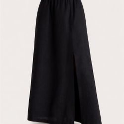 Quince European Linen Maxi Skirt Black XS Or  M Side Slit Elastic Waist Nwt