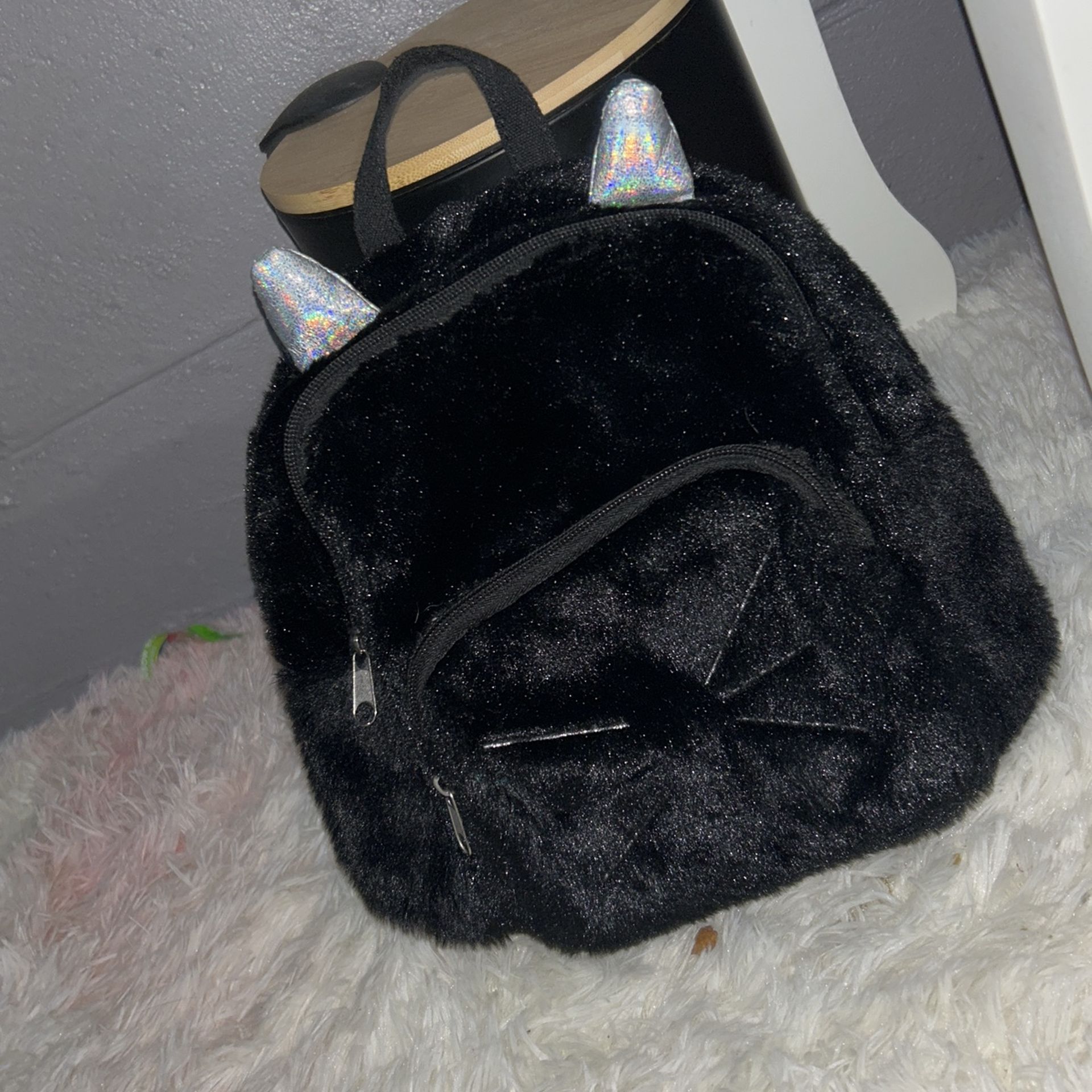 cute Black, Fuzzy, Strapped With Horns Cat Ears Bag