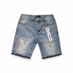 Purple Brand Rhinestone Cross Denim Shorts Light Wash