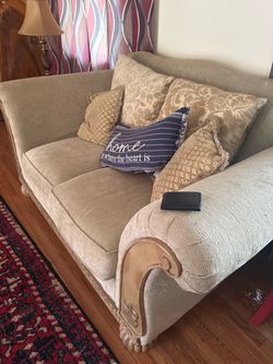 Beige Fabric Loveseat with Wood Carved Frame