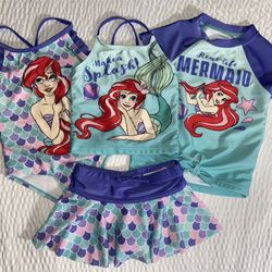 Girls 4pc Mix Match Disney Little Mermaid Ariel 3T Shirt Tank Skirt & 1pc Swimsuit Bathing Suit Set