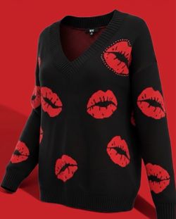 NYC Black Knit Sweater with Red Lips Print