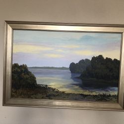 Art Hand Painted Lake View Oil On Board With Beautiful Frame Beaux art Frame 45 x 31