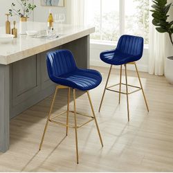 BS012 DarkBlue 29" Counter Height Bar Stools with Backrest, Set of 2, Swivel Velvet Counter Stools with Gold-Plated Metal Legs for Kitchen Dinin