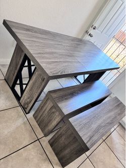 Solid wood grey dining table and benches