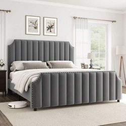 **Clearance Sale/Elegant Light Gray Velvet Queen Bed Frame With 50.2" Headboard. No Box Spring Needed. New In Original Box.  