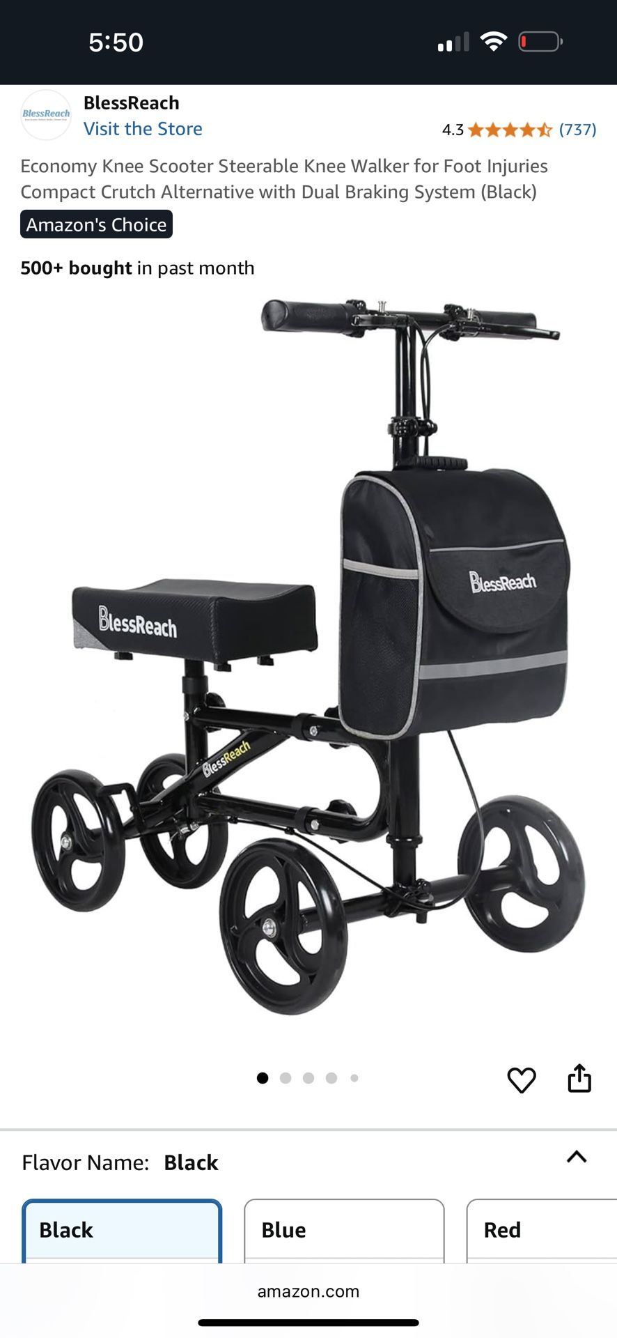 BlessReach Economy Knee Scooter Steerable Knee Walker for Foot Injuries Compact Crutches with Dual Rear on-Wheel Brake and Shock Absorption Under The